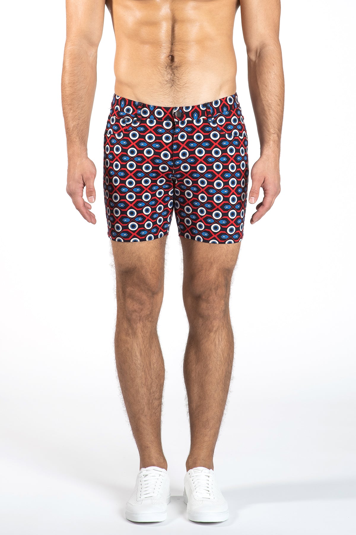 ROYAL/RED GEO CIRCLES 5" STRETCH KNIT JEANS SHORTS Final Sale