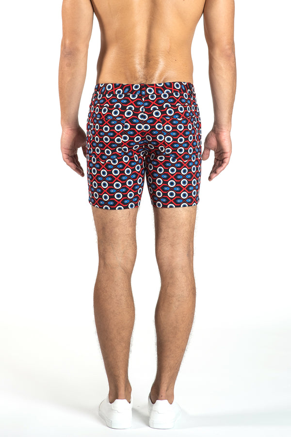 ROYAL/RED GEO CIRCLES 5" STRETCH KNIT JEANS SHORTS Final Sale