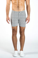 WHITE/BLACK HERRINGBONE 5" STRETCH KNIT JEANS SHORTS- Final Sale