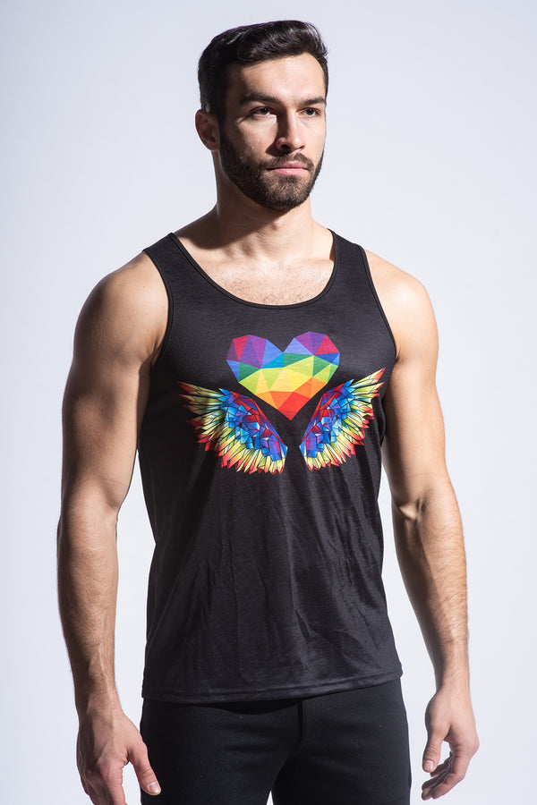 BLACK/MULTI RAINBOW WINGS STRETCH JERSEY TANK TOP St-401 Final Sale