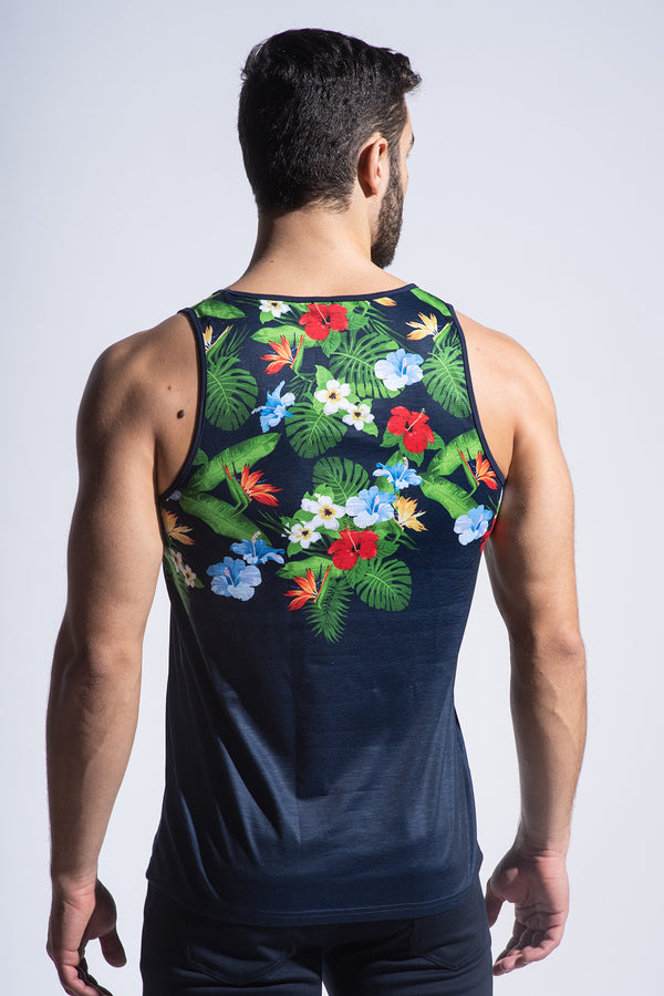 NAVY/MULTI TROPICAL FLORAL STRETCH JERSEY TANK TOP ST-406 Final Sale