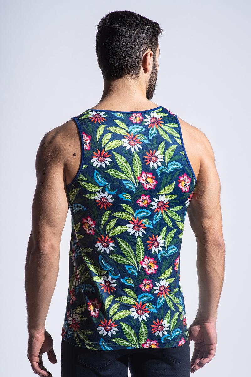 NAVY/GREEN FLORAL STRETCH JERSEY TANK TOP ST-411 Final Sale